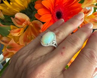 #115 - $895 - Opal & diamond ring 14kt white gold limited edition 22/500. 5.4 grs. size 7. 