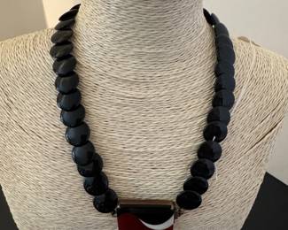 #49 - $100 - Art Deco 1940's vintage lentils black beads with marble rectangular medallion. 17"