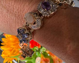 #120 - Victorian style slider bracelet. 14kt gold. 44.6 grs. 3 slides are 10kt gold the rest 14kt gold including setting. 7 3/4 " L. 