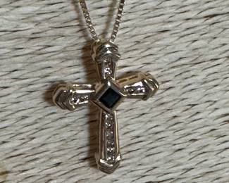 #134 - $620 - 18" box chain sapphire/diamond cross 14kt gold 5.18gr. 