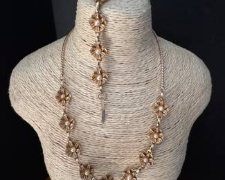 #166 - $150 - Gold plated vintage parure, necklace & bracelet unsigned floral pattern/ pearls /