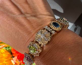 #120 - Victorian style slider bracelet. 14kt gold. 44.6 grs. 3 slides are 10kt gold the rest 14kt gold including setting. 7 3/4 " L. 