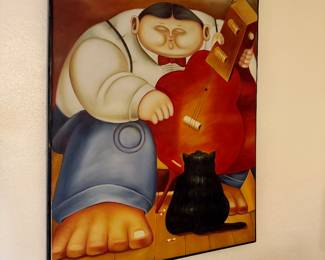 #92 - $450 - Botero style painting man/instrument/black cat Purchased in Santa Monica 
