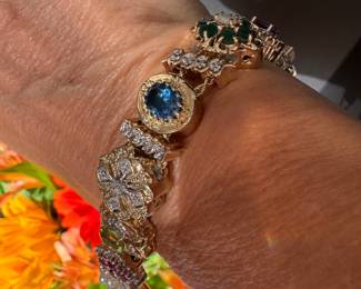 #120 - Victorian style slider bracelet. 14kt gold. 44.6 grs. 3 slides are 10kt gold the rest 14kt gold including setting. 7 3/4 " L. 