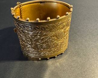 #67 - Ernest Steiner 1940's  Victorian large gold plated bangle. $250 gold filled