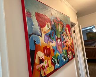 #97- $600 Painting bought in Romania 2 ladies at bar, in center man with 2 heads playing the piano – signed. 