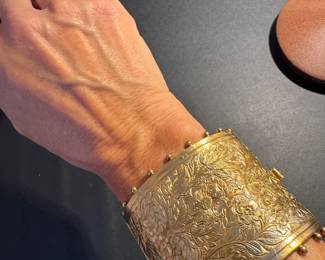 #67 - Ernest Steiner 1940's  Victorian large gold plated bangle. $250 gold filled