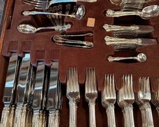 Tiffany sterling Flatware set in Tiffany custom made mahogany campaign chest - Details to come - Off location. 427 pieces total - 389 Troy oz approx - this weight doesnt count for the knifes & serving pieces with stainless steel blades. 