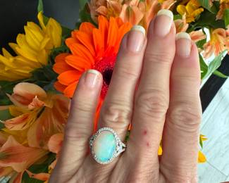 #115 - $895 - Opal & diamond ring 14kt white gold limited edition 22/500. 5.4 grs. size 7. 