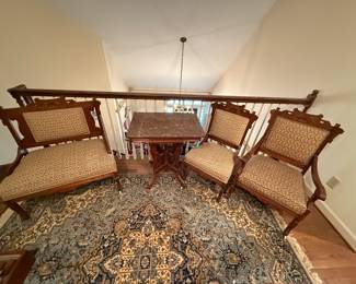 Antique padded chairs & marble top vintage table