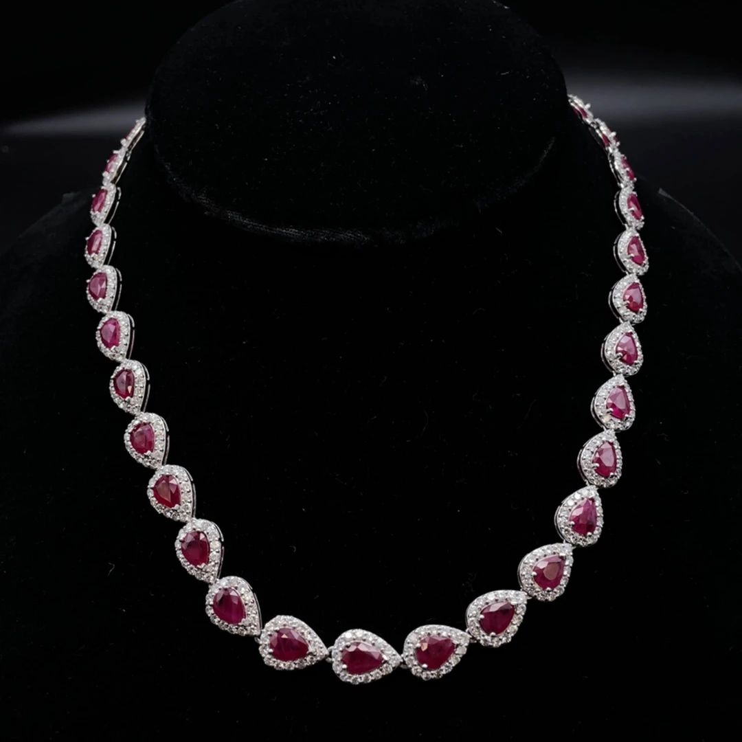 35.52 Carat Rare Burmese Ruby & Natural Diamond Halo Necklace in Platinum