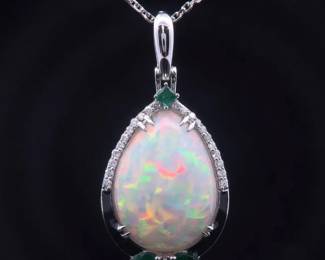 14.30 Carat White Opal, Natural Diamond & Emerald Pear Drop Pendant Necklace in Platinum