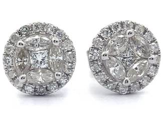 NEW! 0.82 Carat Natural Diamond Round Cluster Halo Stud Earrings in 14k White Gold