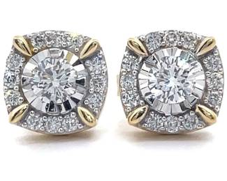 NEW! 0.60 Carat Natural Diamond Pavé Halo Stud Earrings in Yellow Gold