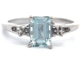 Emerald Cut Aquamarine & Natural Diamond Estate Ring in White Gold