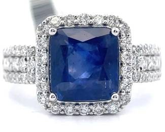 4.39 Carat Natural Blue Sapphire & Natural Diamond Halo Cathedral Ring in Platinum