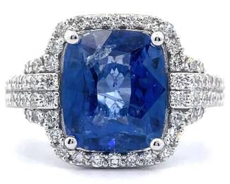 5.51 Carat Natural Ceylon Sapphire & Natural Diamond Halo Ring in Platinum