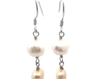 Double White Freshwater Pearl Artisan Linear Drop Earrings