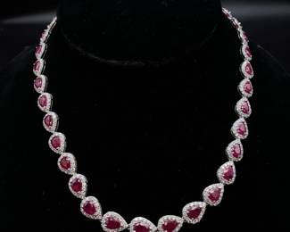 35.52 Carat Rare Burmese Ruby & Natural Diamond Halo Necklace in Platinum