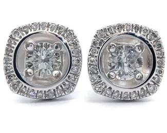 Natural Diamond Solitaire Raised Halo Semi-Mount Stud Estate Earrings in White Gold