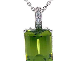 24.25 Carat Emerald Cut Green Stone & Pavé Diamond Pendant Necklace in 14k White Gold