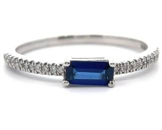 0.10 Carat Blue Sapphire Baguette & Pavé Diamond Stacking Ring in 14k White Gold