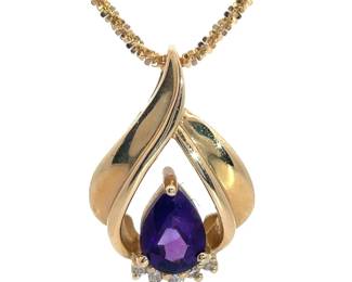 Amethyst & Natural Diamond Ribbon Halo Pendant Estate Necklace in 14k Yellow Gold