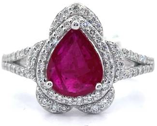 Isabel Perez Madrid 1.77 Carat Natural Ruby & Diamond Flower Halo Ring in Platinum