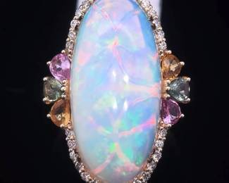 10.25 Carat Natural Opal, Diamond & Sapphire Elongated Ring in 14k Yellow Gold