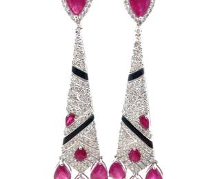 14.15 Carat Natural Burmese Ruby & Natural Diamond Briolette Drop Earrings in Platinum