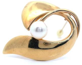 White Pearl Ribbon Brooch / Pin in 14k Yellow Gold