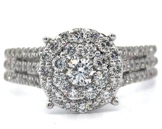 1.25 Carat Pavé Natural Diamond Double Halo Triple Band Ring in 14k White Gold