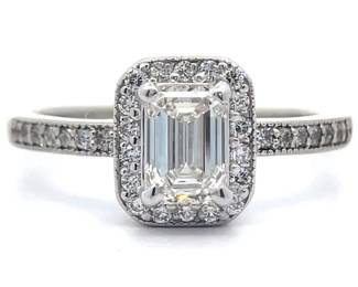 1 Carat Emerald Cut Natural Diamond Pavé Halo Ring in Palladium