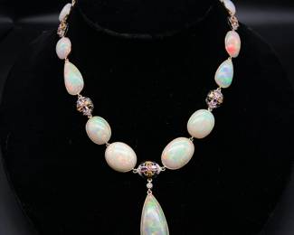STUNNING! 87.30 Carat Natural Sapphire, Diamond & Opal Y-Necklace w/ 14k Gold