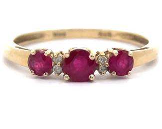 Oval Natural Ruby & Natural Diamond Three-Stone Ring in 14k Yellow Gold