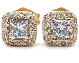 NEW! 0.75 Carat Natural Diamond Princess Halo Stud Earrings in 14k Yellow Gold