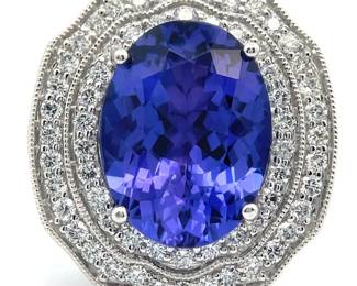 8.74 Carat Natural Tanzanite & Diamond Halo Cathedral Ring in 14k White Gold