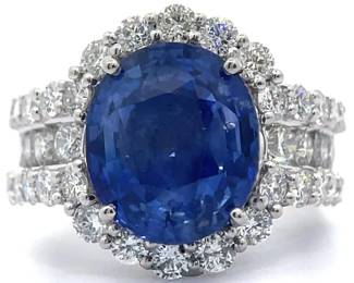 10.11 Carat Natural Ceylon Sapphire & Natural Diamond Halo Triple Band Ring in Platinum