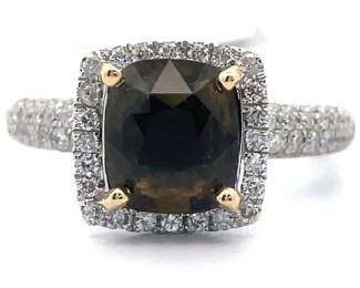 3.18 Carat Natural Alexandrite & Natural Pavé Diamond Halo Ring in 18k Two-Tone Gold