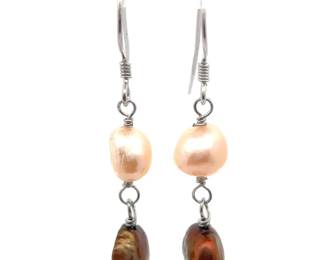 Copper & Light Peach Baroque Freshwater Pearl Artisan Linear Drop Earrings
