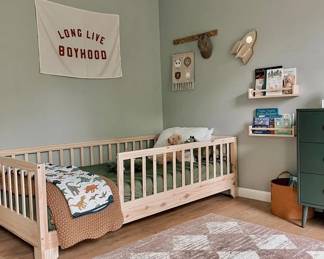 #7- Luca toddler floor bed Montessori with rail - natural wood - $399 (frame only mattress optional ) - Dimensions: 54" L x 29" W x 21" H
Mattress Size: Fits standard crib/toddler mattress (52" x 27")