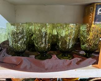 Very cool vintage Anchor Hocking Milano (also known as Lido) crinkle-textured drinking glasses in avocado green, pale pink and harvest gold.