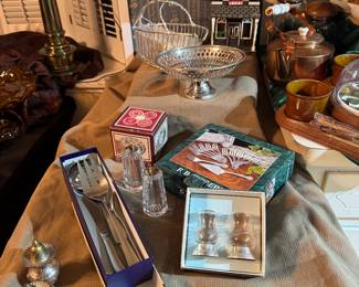 Sterling salt and pepper, new silverplate serving set