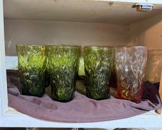 Very cool vintage Anchor Hocking Milano (also known as Lido) crinkle-textured drinking glasses in avocado green, pale pink and harvest gold.