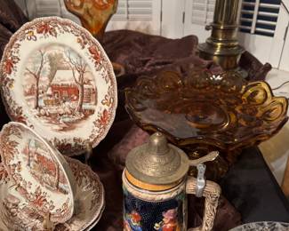 German tankard and harvest gold dishware. Also, Johnson Brothers Country Life dishware
