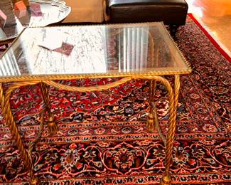 Metal and glass top table, beautiful area rug
