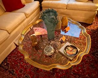 Beaded lampshades, large glass vase wonderful glass and wood base coffee table