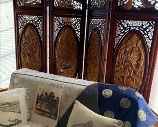 This folding wooden carved Asian screen/divider is an outstanding decorative piece. Beautiful!