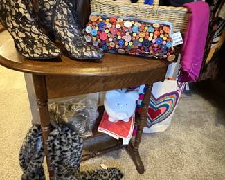 Shoes, scarves, and fun button decorated clutch purse.