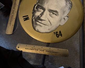 Say hi to Mr. Goldwater.  We have all kinds of Goldwater buttons, stickers, mementos of various kinds.  If you collect political memorabilia, please attend.  Goldwater is just one of a number of political candidates who have items represented in this sale.